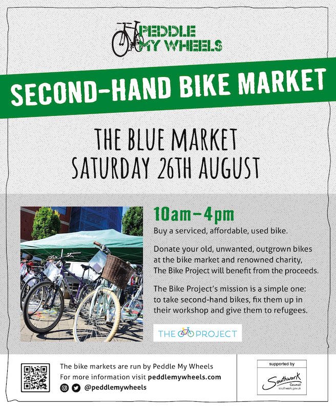 Poster for the Peddle My Wheels Second-hand Bike Market in The Blue Market on Saturday 26th August 2023 from 10am to 4pm